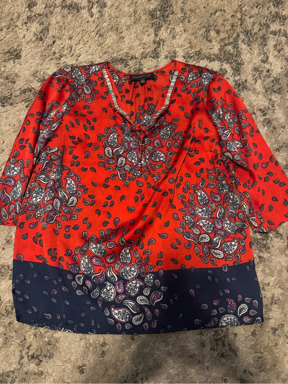 Jones New York Red Paisley Blouse with Navy Trim